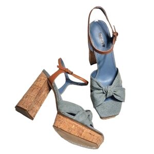 Guess Roslynn Denim Knotted Ankle Strap Platform Sandals Blue 9.5M